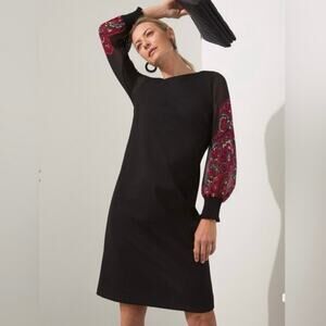 Chico’s Ponte black dress sheer balloon sleeves LBD midi women’s size 3 16 XL